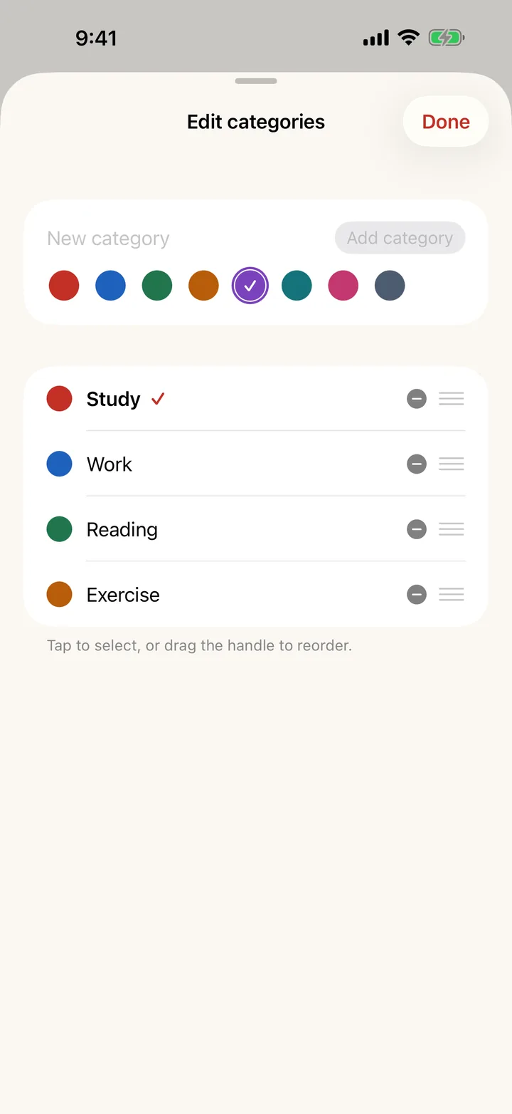 Category editor with eight color choices
