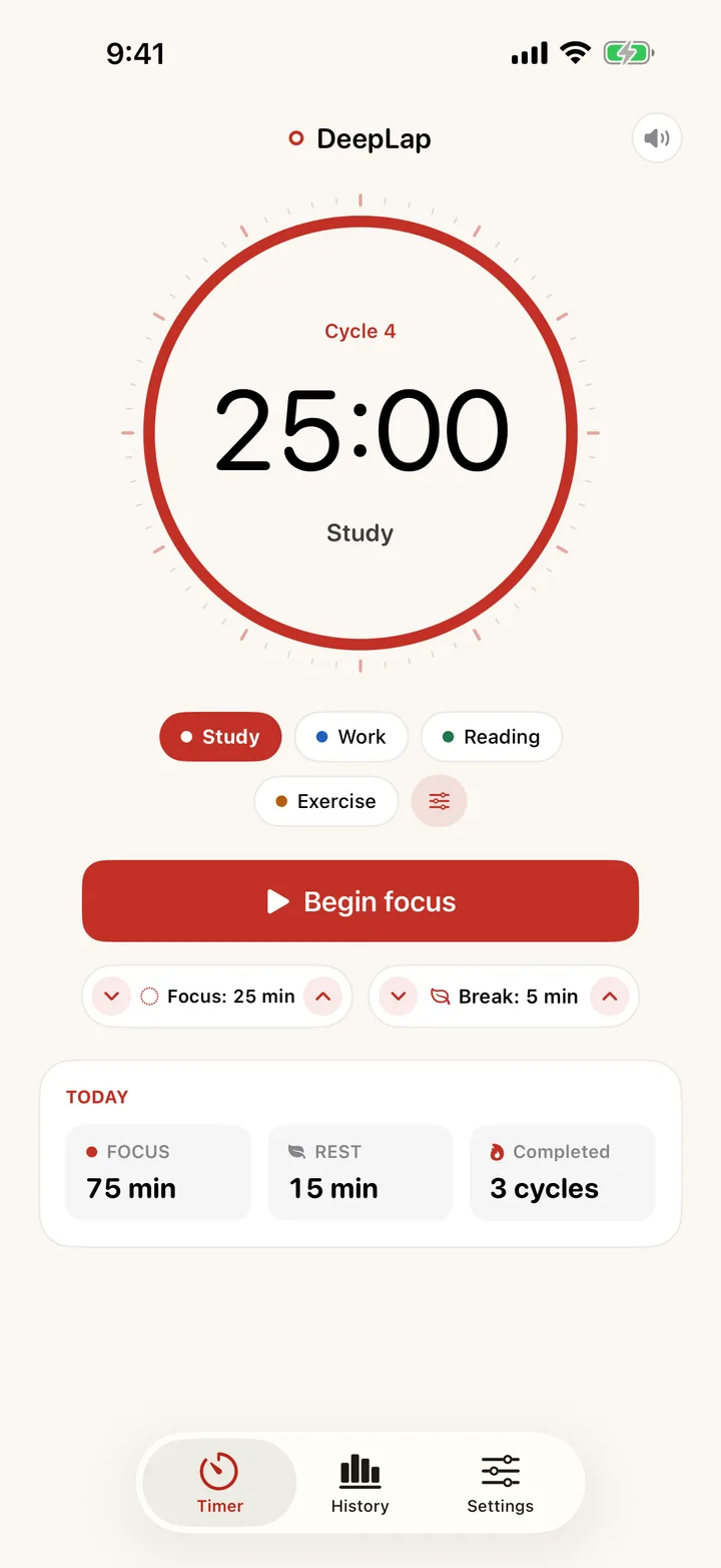 DeepLap timer on iPhone: a 25:00 dial, category chips and a Begin focus button