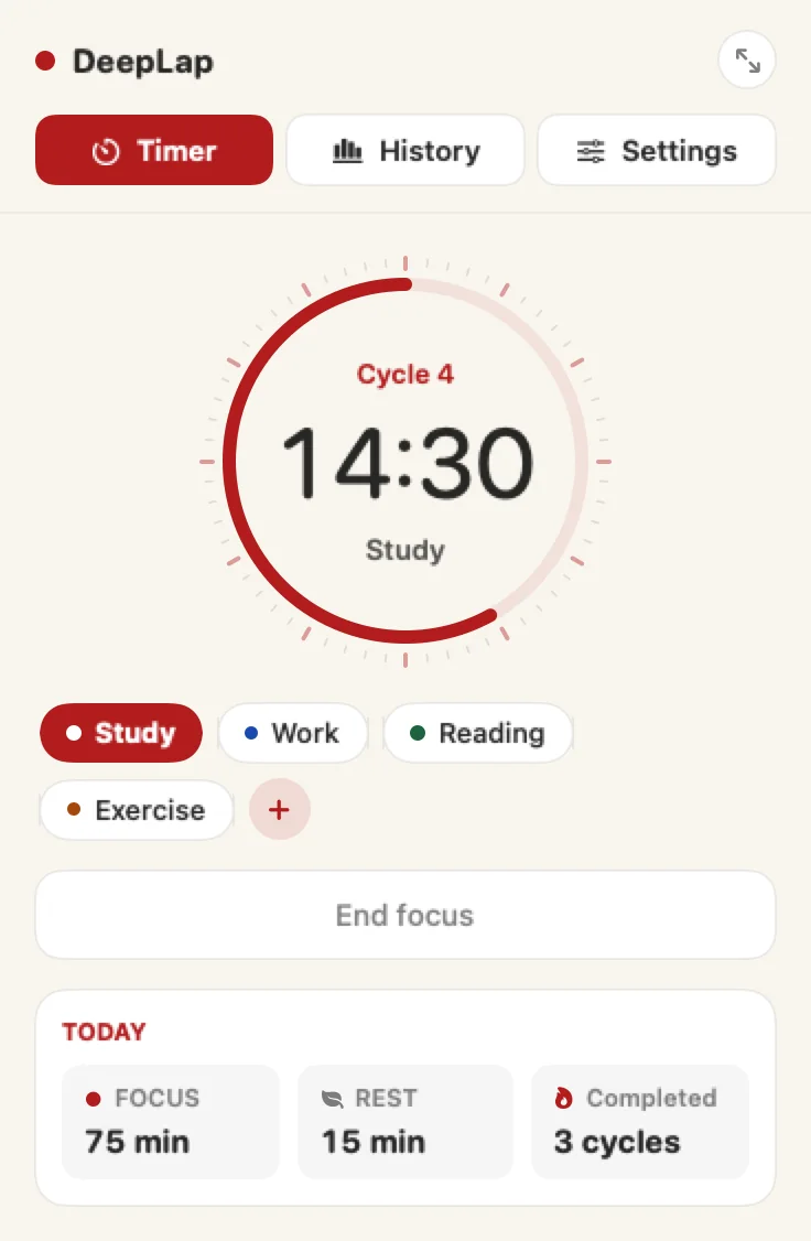 DeepLap menu bar window on Mac: timer, category chips, End focus and today's summary